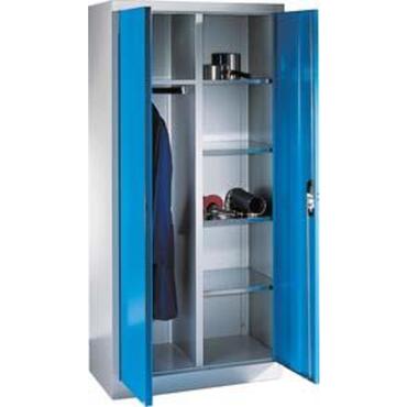 Locker with opening doors with a clothes rod on the left and shelf on the right